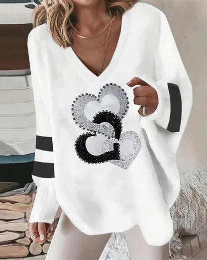 Relaxed Long Sleeve V-Neck Knit Jumper with Heart Graphic