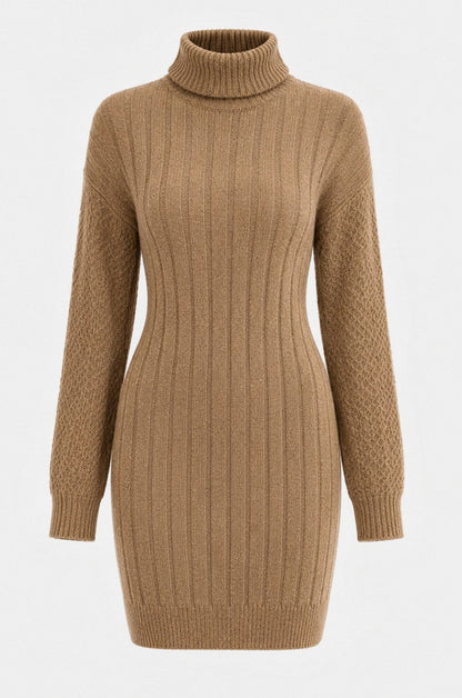 Ribbed Knit Turtleneck Mini Sweater Dress