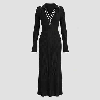 Ribbed Long Sleeve Polo Collar Maxi Dress