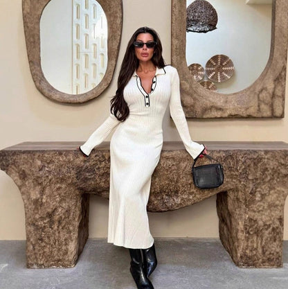 Ribbed Long Sleeve Polo Collar Maxi Dress