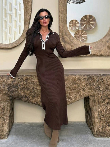 Ribbed Long Sleeve Polo Collar Maxi Dress