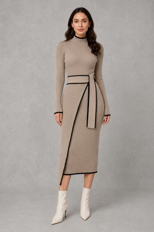 Ribbed Mock Neck Belted Midi Sweater Dress