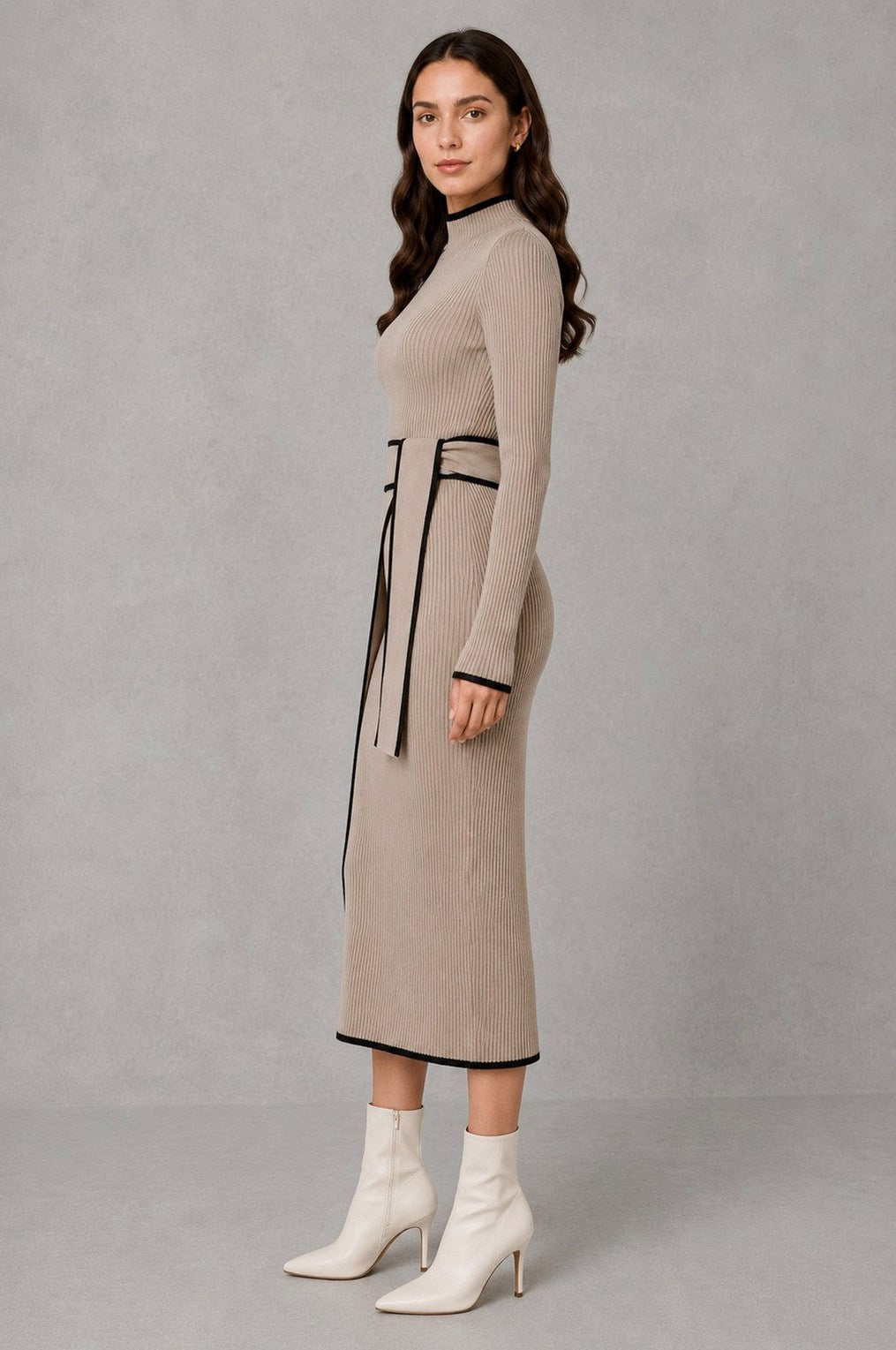 Ribbed Mock Neck Belted Midi Sweater Dress