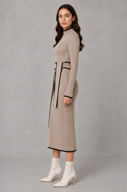 Ribbed Mock Neck Belted Midi Sweater Dress