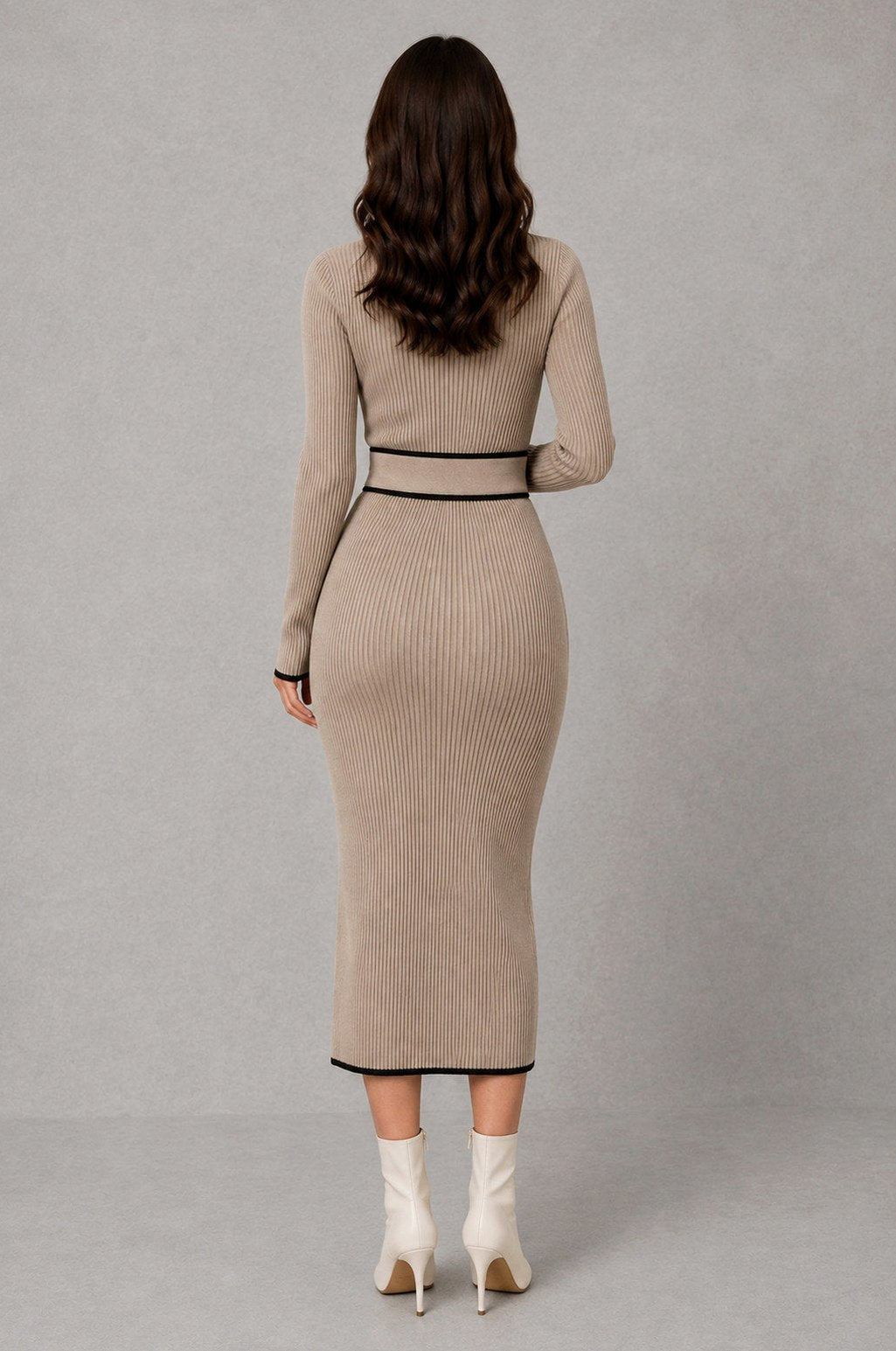Ribbed Mock Neck Belted Midi Sweater Dress
