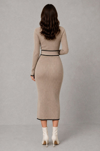 Ribbed Mock Neck Belted Midi Sweater Dress