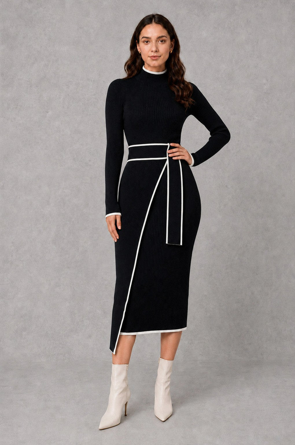 Ribbed Mock Neck Belted Midi Sweater Dress