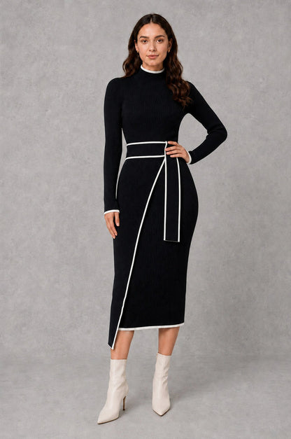 Ribbed Mock Neck Belted Midi Sweater Dress