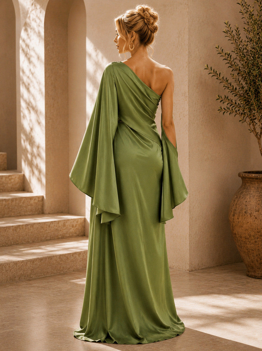Ruched Asymmetric Cape Maxi Dress