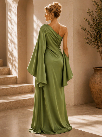 Ruched Asymmetric Cape Maxi Dress