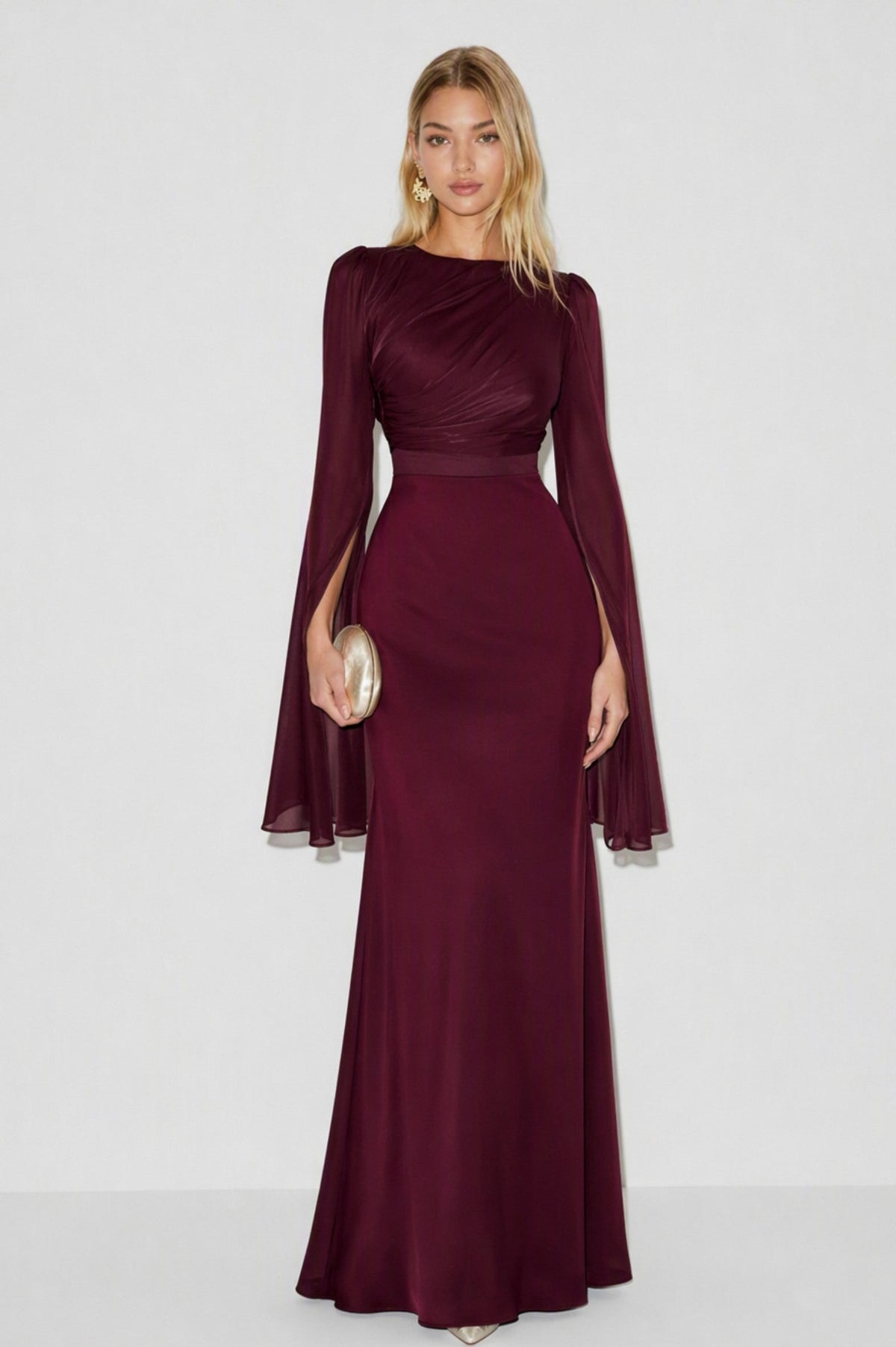 Ruched Long Sleeve Cape Maxi Dress