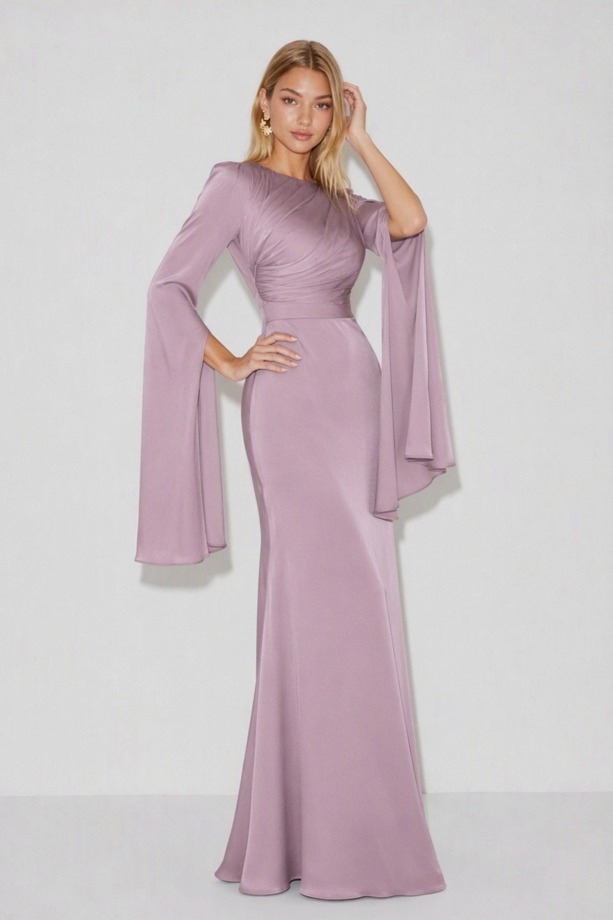 Ruched Long Sleeve Cape Maxi Dress
