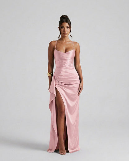 Draped Ruched Waist Satin Maxi Dress