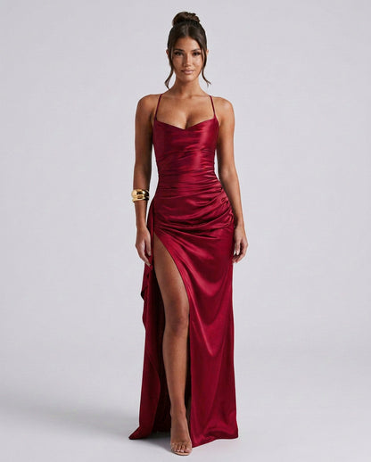 Draped Ruched Waist Satin Maxi Dress