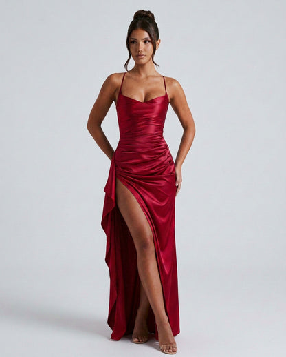 Draped Ruched Waist Satin Maxi Dress