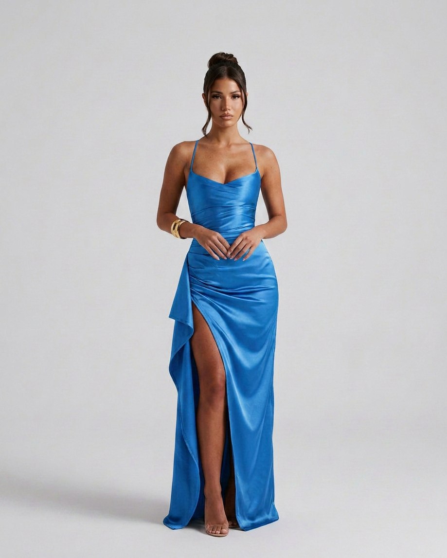 Draped Ruched Waist Satin Maxi Dress