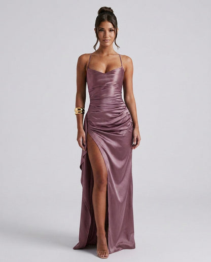 Draped Ruched Waist Satin Maxi Dress