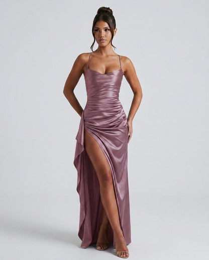 Draped Ruched Waist Satin Maxi Dress