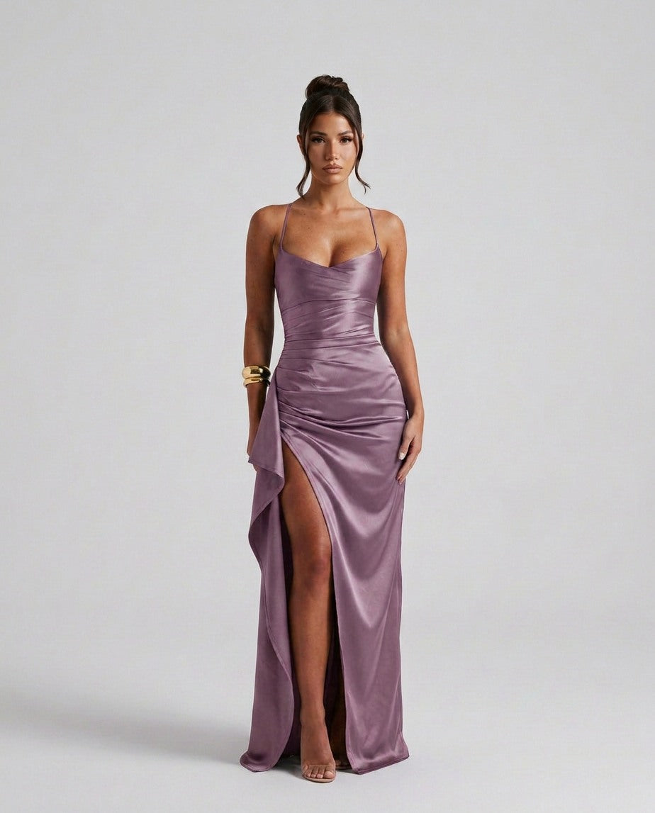 Draped Ruched Waist Satin Maxi Dress