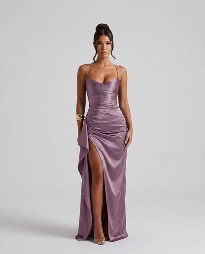 Draped Ruched Waist Satin Maxi Dress