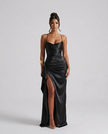 Draped Ruched Waist Satin Maxi Dress