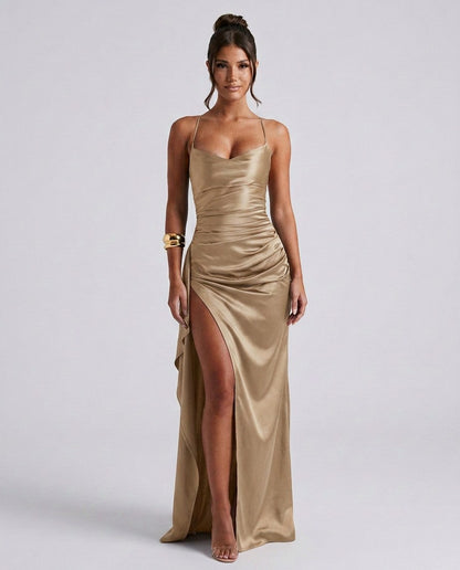 Draped Ruched Waist Satin Maxi Dress