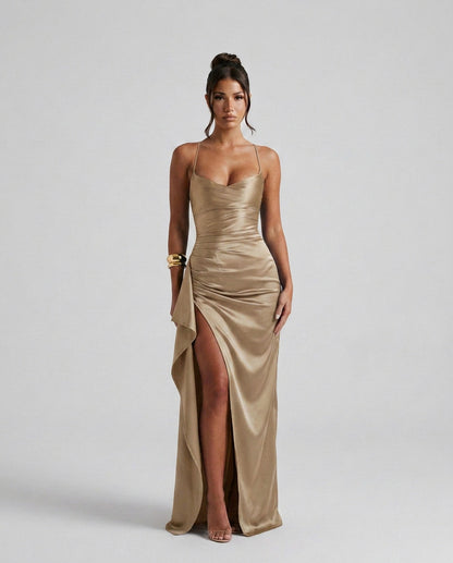 Draped Ruched Waist Satin Maxi Dress