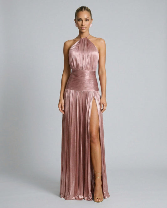 Satin Halter Pleated Maxi Dress