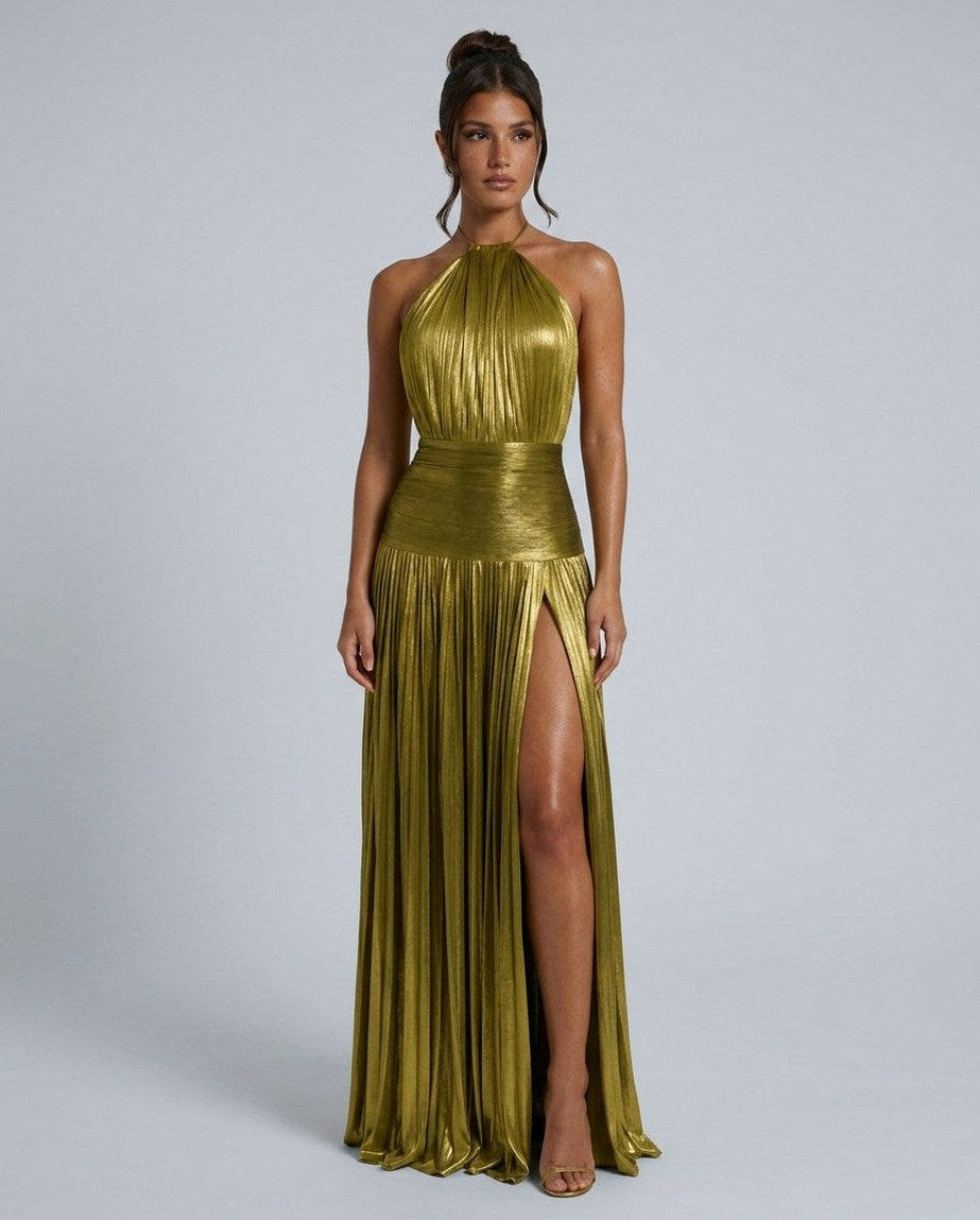 Satin Halter Pleated Maxi Dress