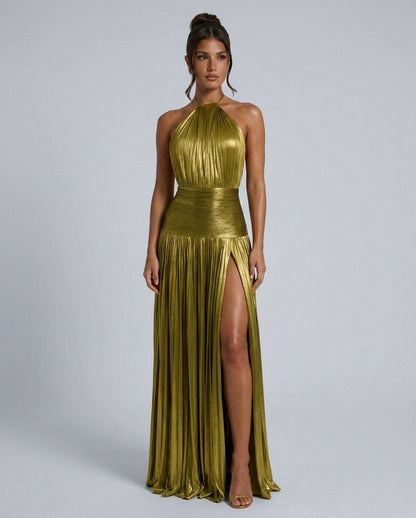Satin Halter Pleated Maxi Dress