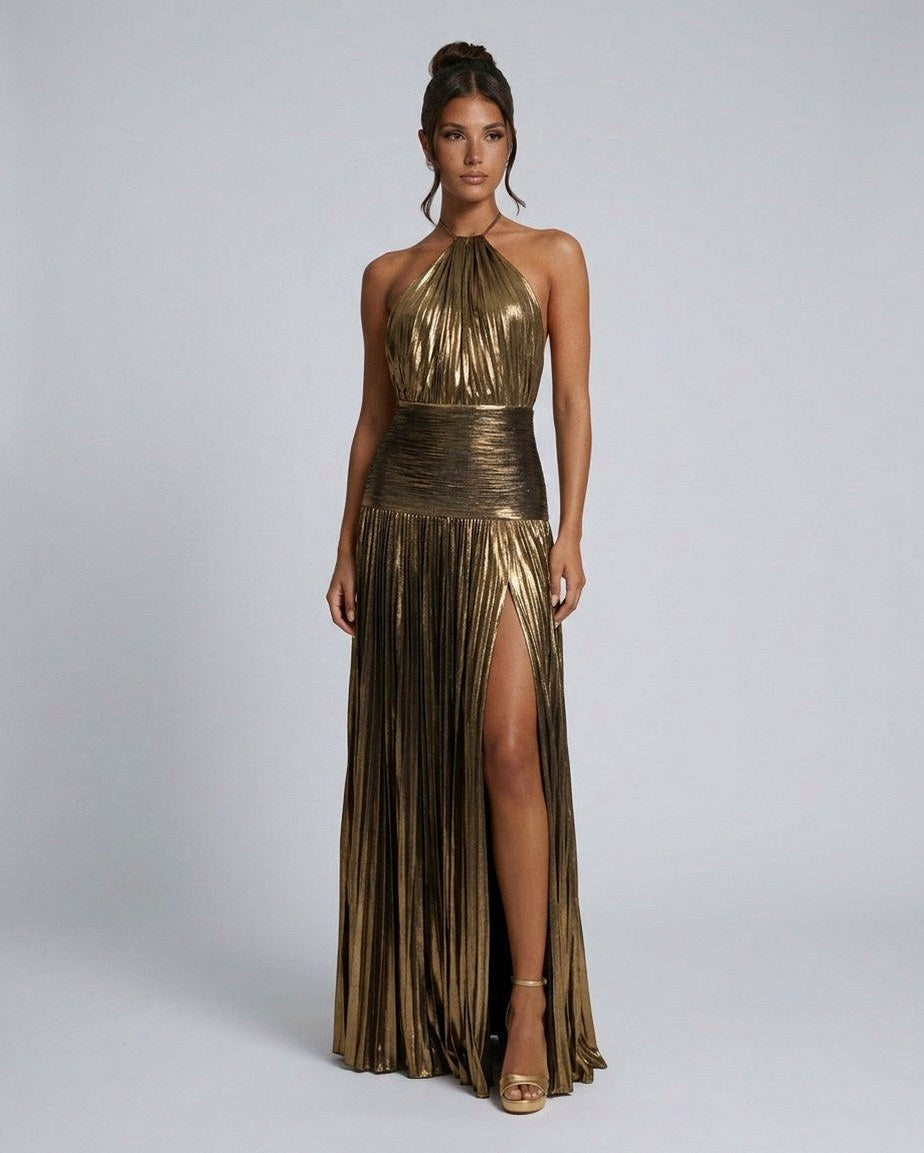 Satin Halter Pleated Maxi Dress