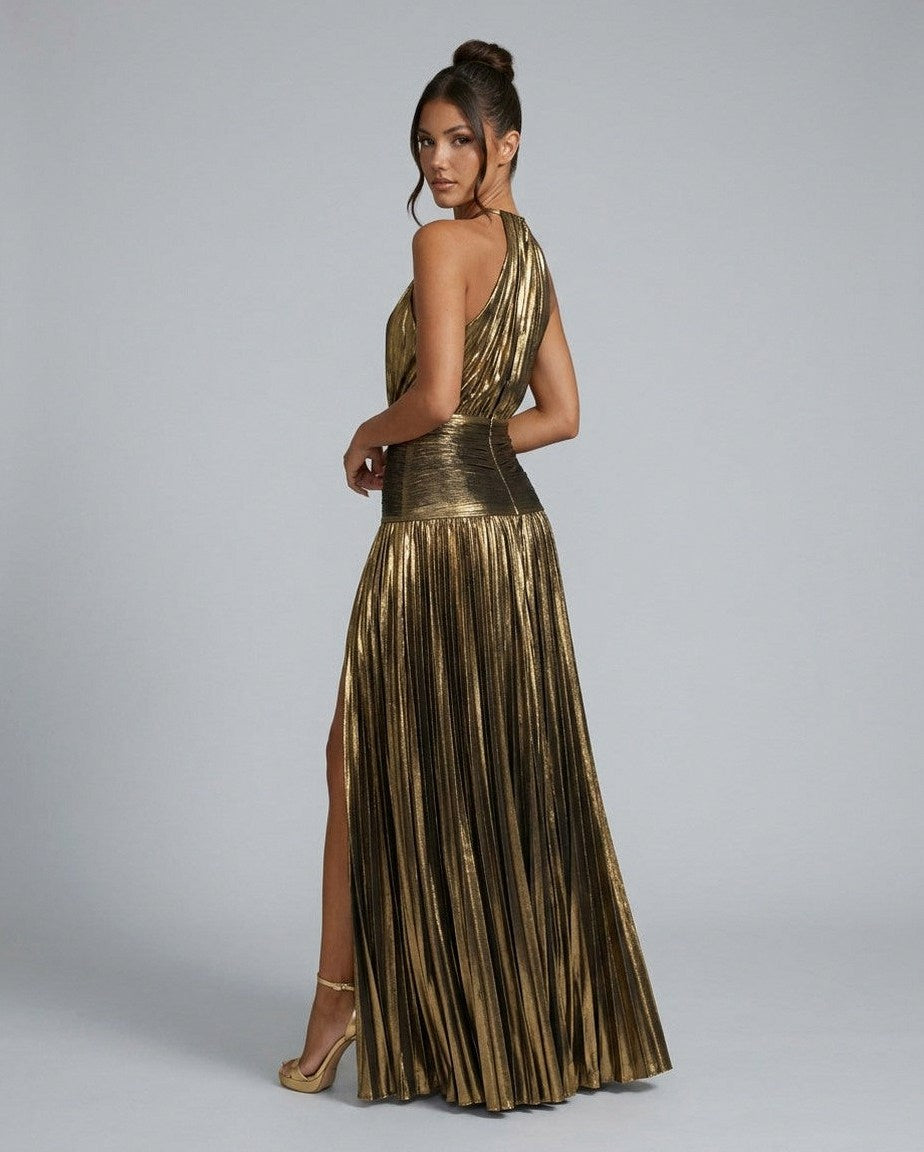 Satin Halter Pleated Maxi Dress