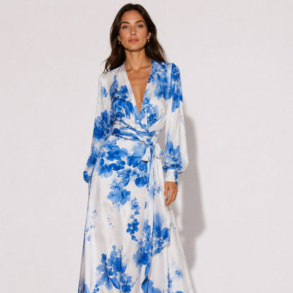 Satin Long Sleeve Wrap Maxi Dress