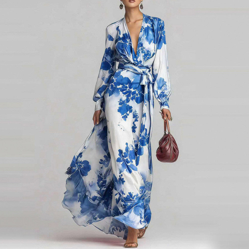 Satin Long Sleeve Wrap Maxi Dress