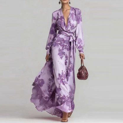 Satin Long Sleeve Wrap Maxi Dress