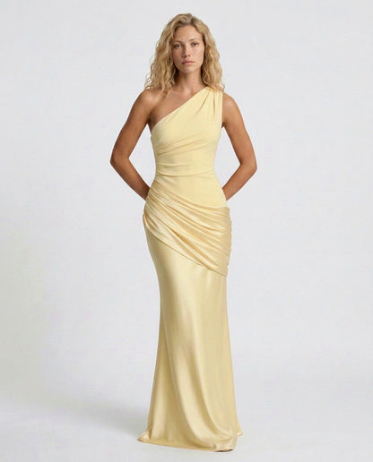 Satin One Shoulder Draped Column Maxi Dress