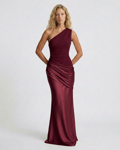 Satin One Shoulder Draped Column Maxi Dress