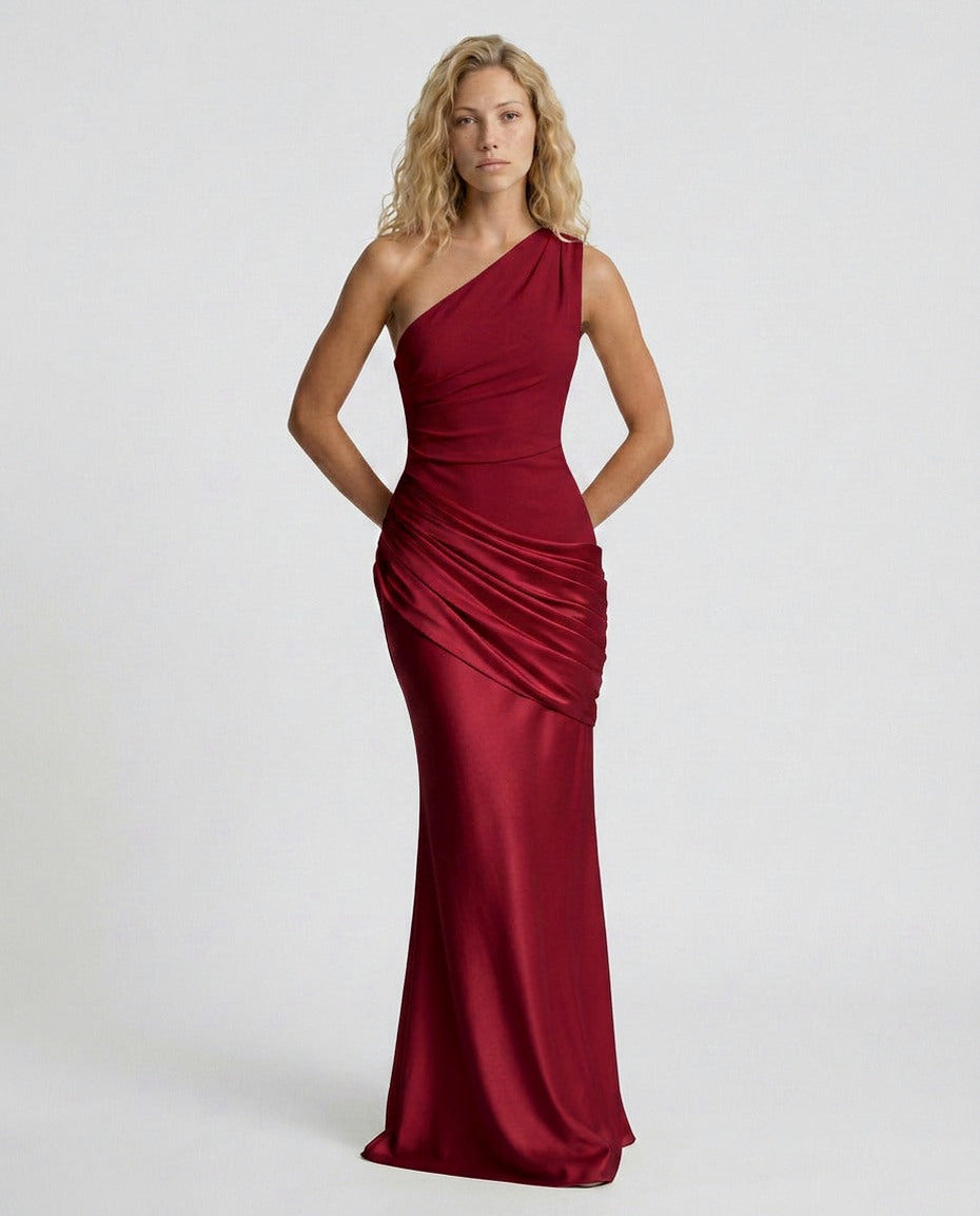 Satin One Shoulder Draped Column Maxi Dress