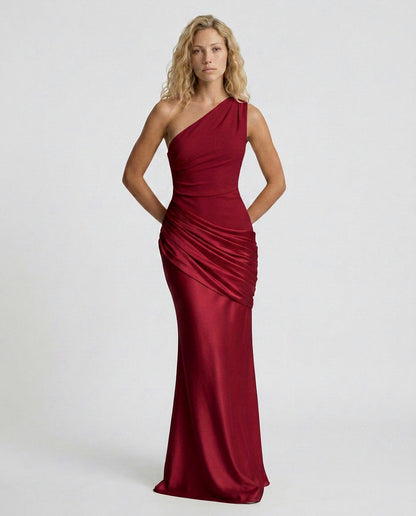 Satin One Shoulder Draped Column Maxi Dress