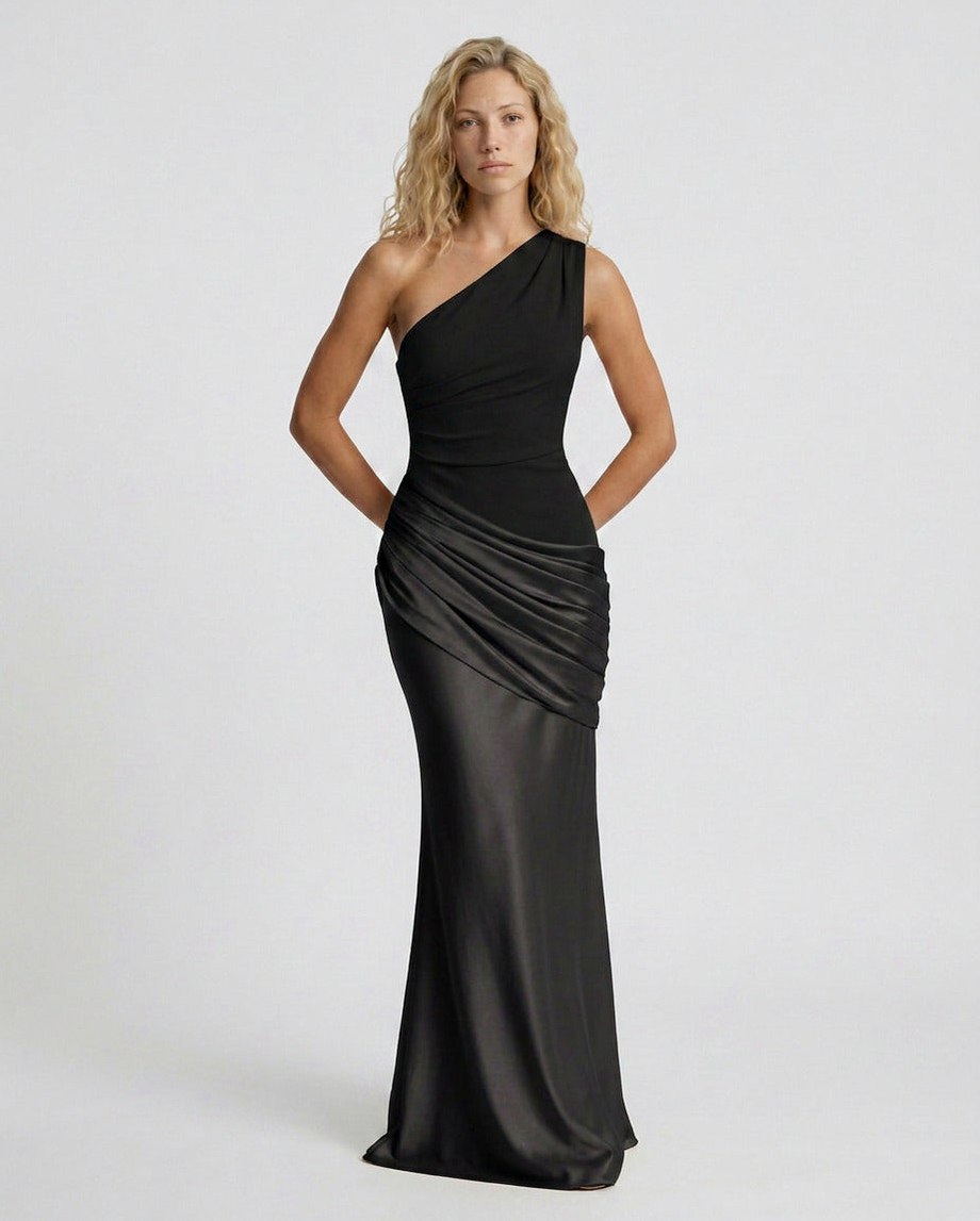 Satin One Shoulder Draped Column Maxi Dress