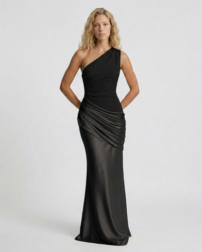 Satin One Shoulder Draped Column Maxi Dress