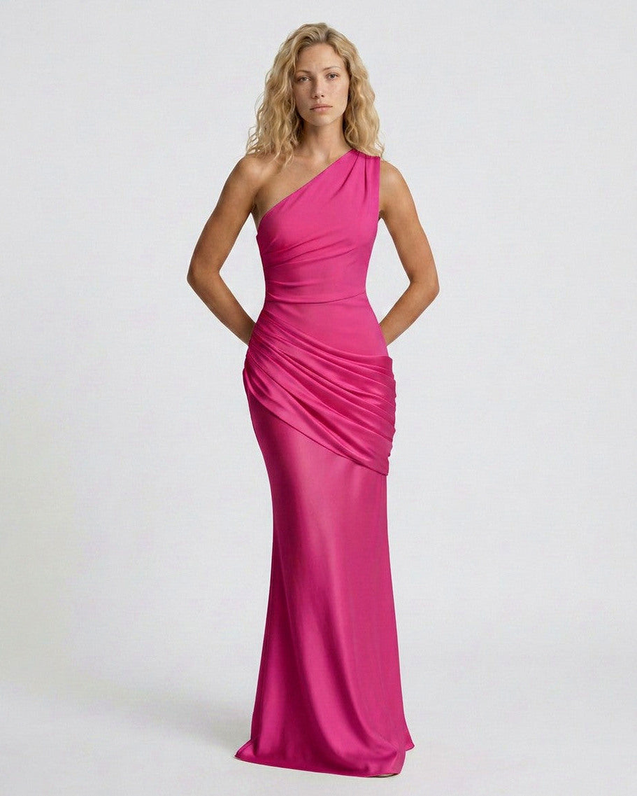 Satin One Shoulder Draped Column Maxi Dress