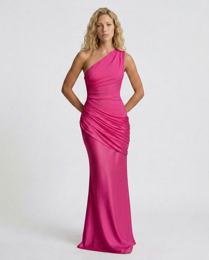 Satin One Shoulder Draped Column Maxi Dress