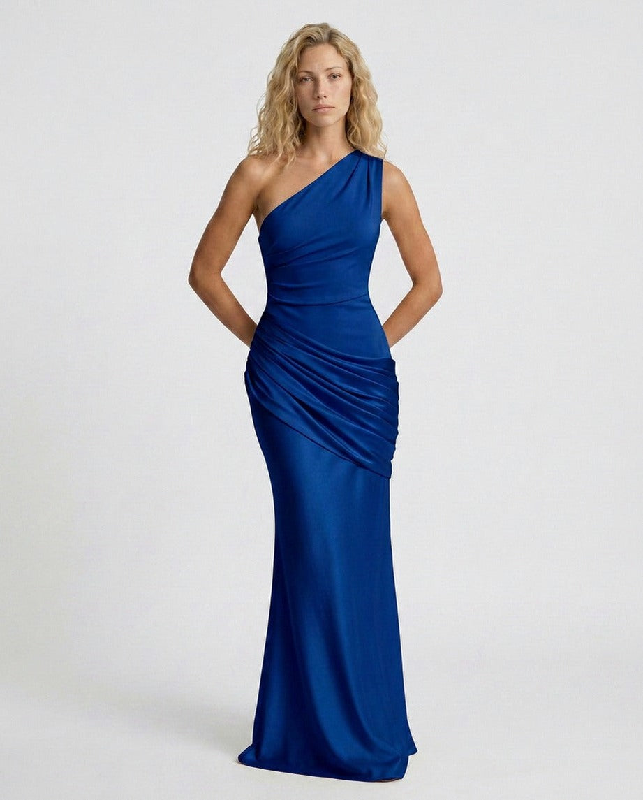 Satin One Shoulder Draped Column Maxi Dress