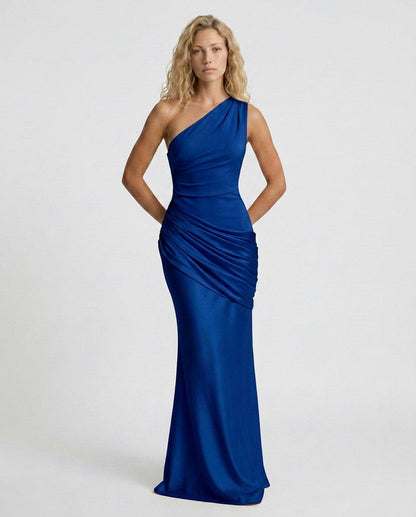 Satin One Shoulder Draped Column Maxi Dress
