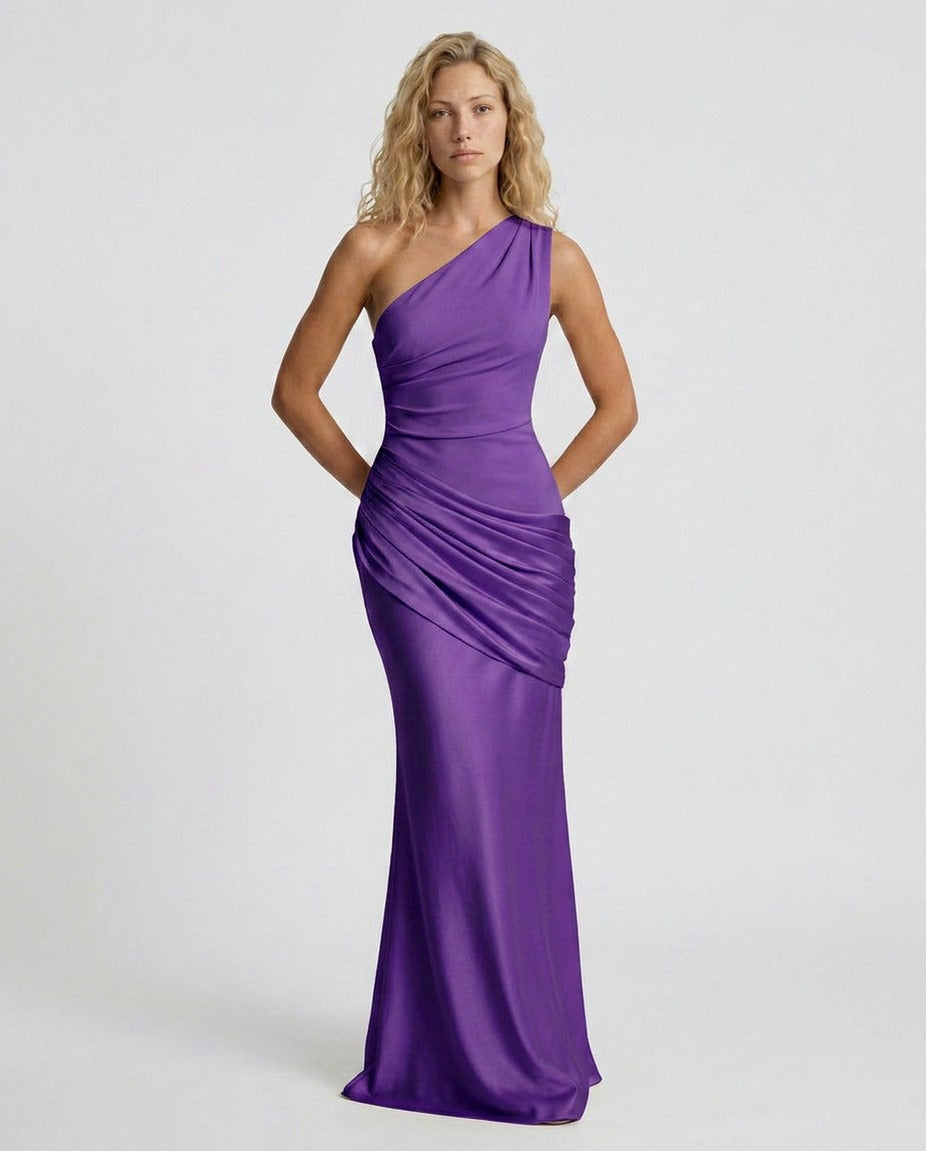 Satin One Shoulder Draped Column Maxi Dress