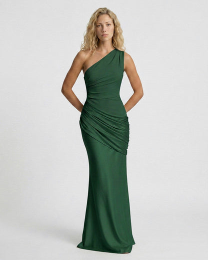 Satin One Shoulder Draped Column Maxi Dress