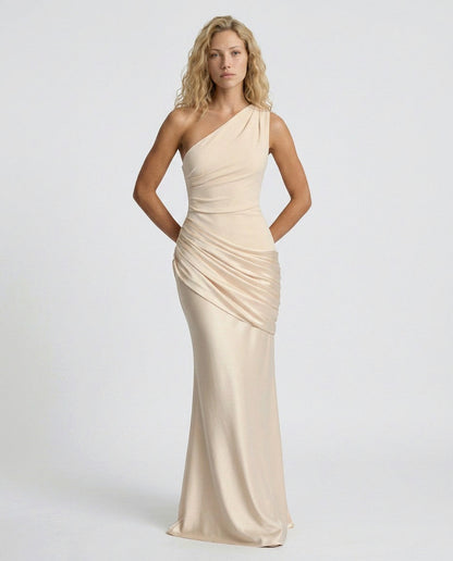 Satin One Shoulder Draped Column Maxi Dress
