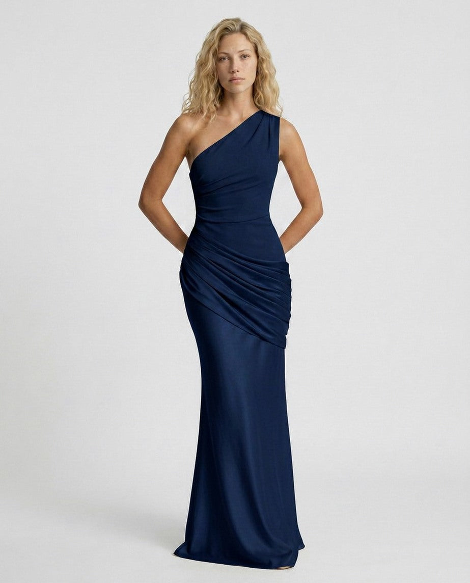 Satin One Shoulder Draped Column Maxi Dress