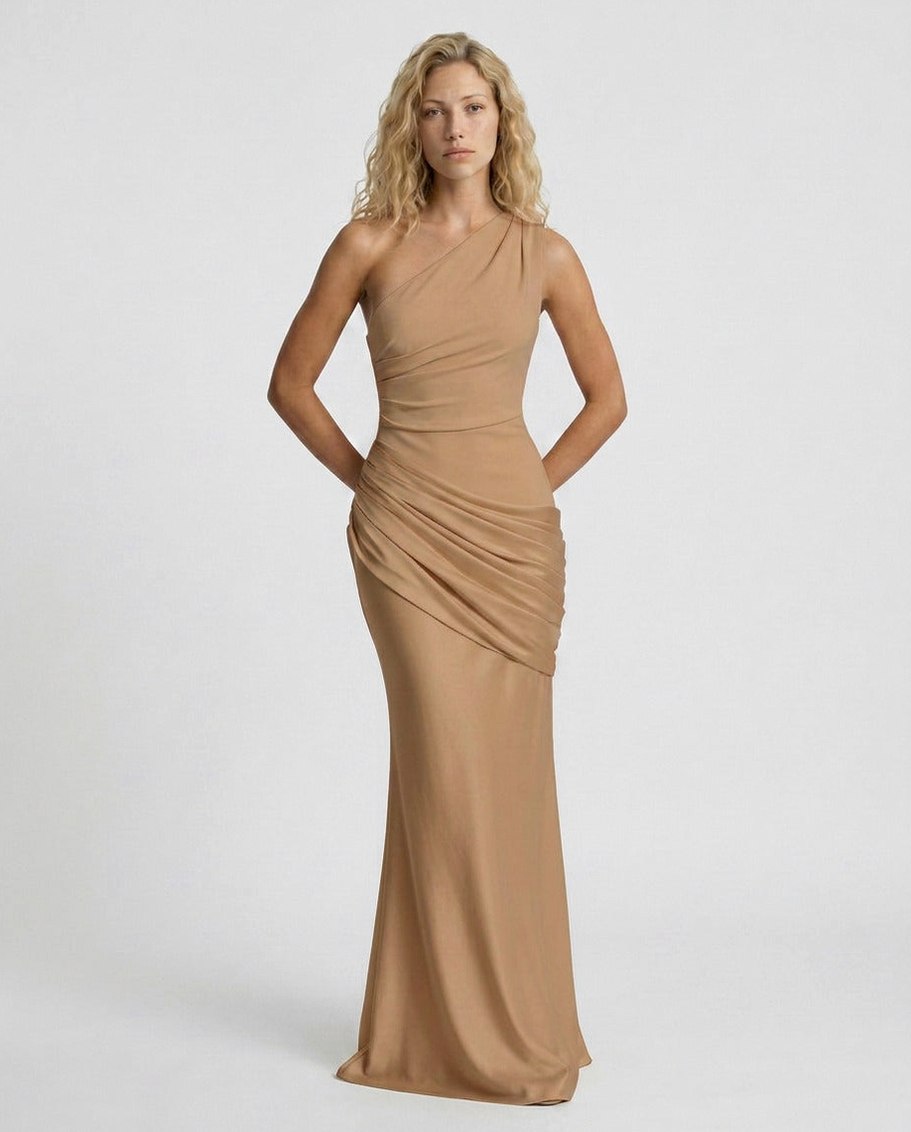 Satin One Shoulder Draped Column Maxi Dress